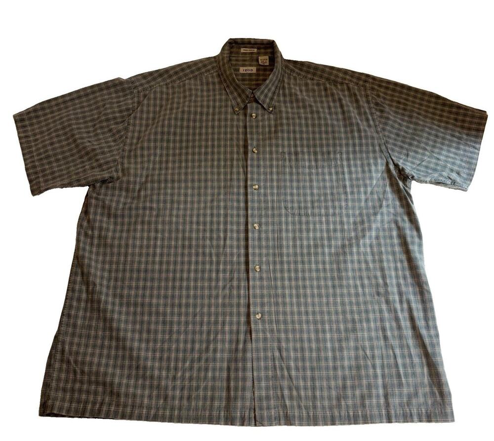 IZOD Shirt Men XXL Short Sleeve Plaid Button Down Gray Orange 100% Cotton Casual